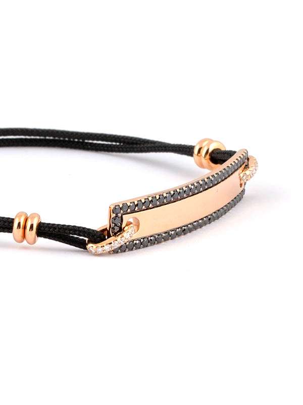 BRACCIALE CORDINO CON PIASTRINA IN ORO ROSA 18KT DIAMANTI E DIAMANTI NERI