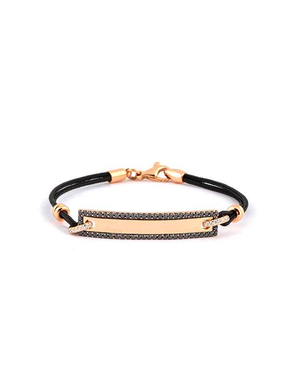 BRACCIALE CORDINO CON PIASTRINA IN ORO ROSA 18KT DIAMANTI E DIAMANTI NERI