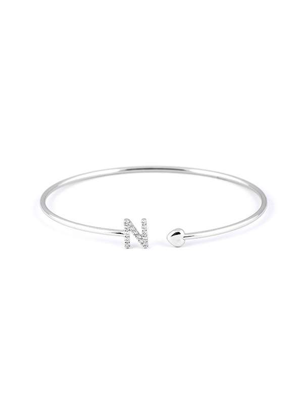 BRACCIALE RIGIDO IN ORO BIANCO 18KT CON CUORE E LETTERA N DI DIAMANTI