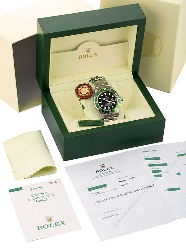 ROLEX SUBMARINER DATE GHIERA VERDE KERMIT F SERIAL FAT 4 MARK I 40MM IN ACCIAIO REF. 16610LV