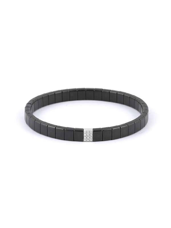 BRACCIALE ELASTICO IN CERAMICA NERA E MATTONCINO IN ORO BIANCO 18KT CON DIAMANTI