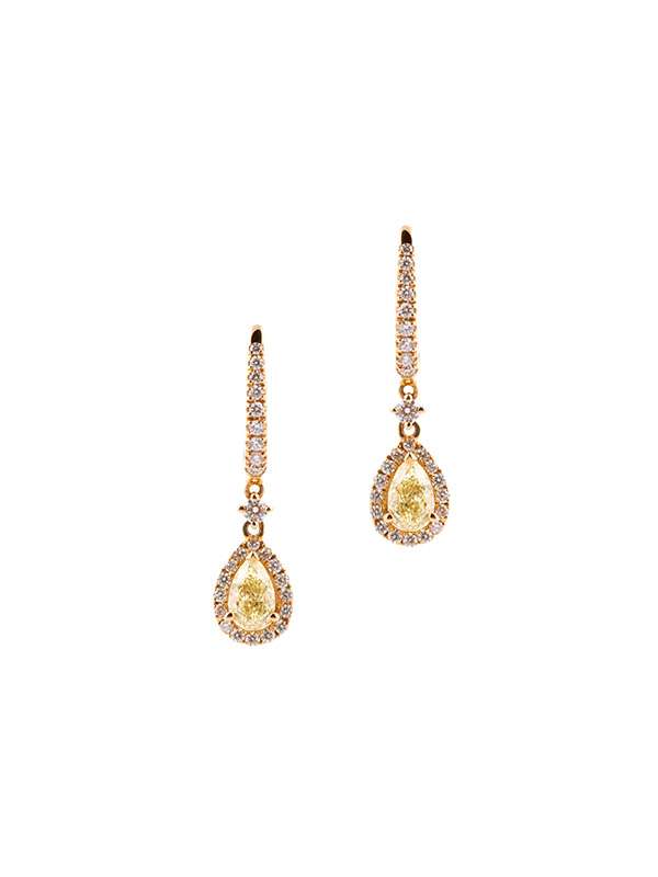 ORECCHINI PENDENTI IN ORO ROSA 18KT CON DIAMANTI FANCY YELLOW TAGLIO GOCCIA E DIAMANTI